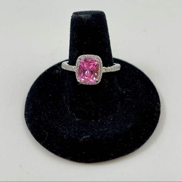 PLATINUM PLATED SS 925 2CT ROUND CUT PINK SAPPHIRE W/CZ DIAMONDS RING - Picture 4 of 6